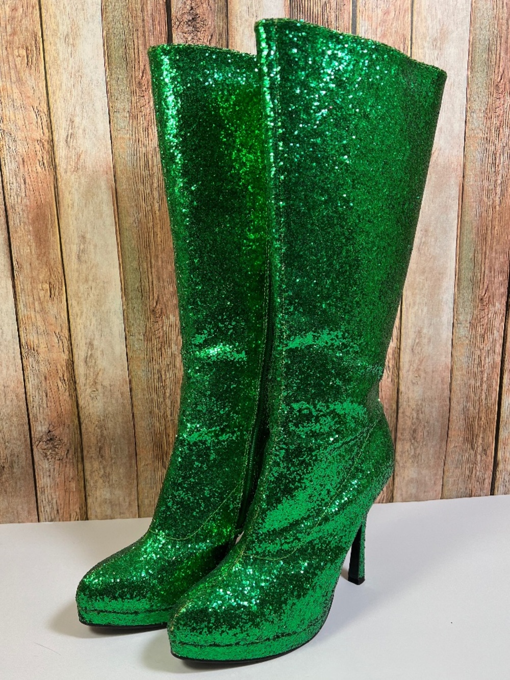 Ellie Emerald Green Glitter Knee-High Stiletto Boot Size 9